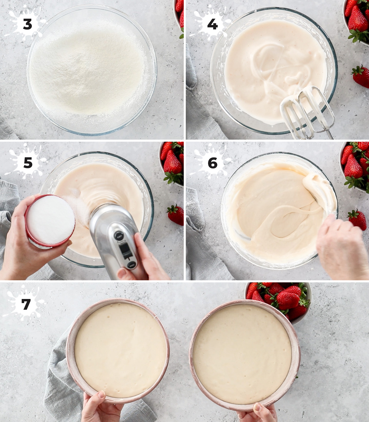 A collage showing how to make the sponge cake batter.