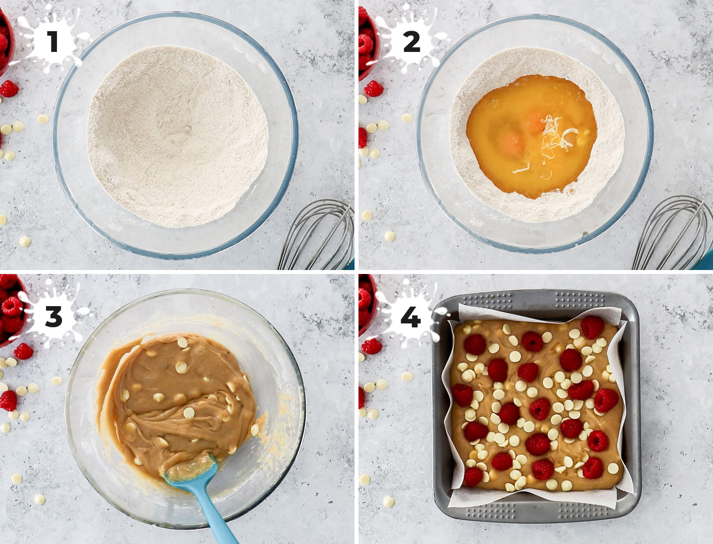 A collage showing how to make raspberry white chocolate blondies.