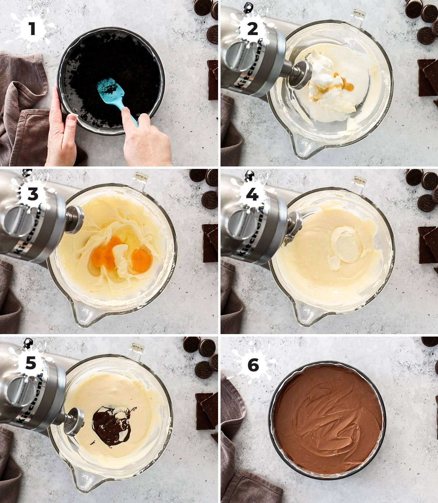 A collage showing how to make and assemble a chocolate cheesecake.