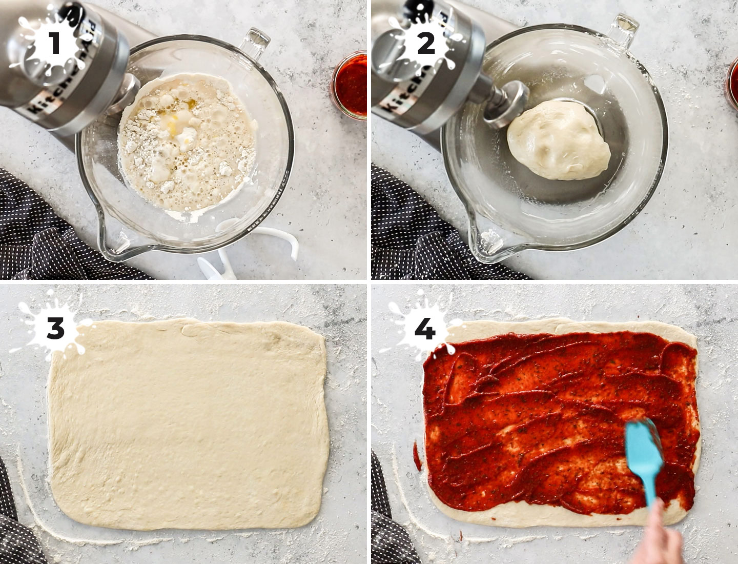 A collage showing how to make the pizza scroll dough.