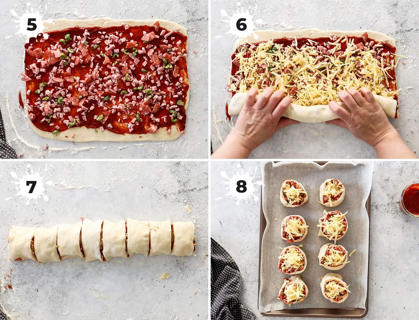 A collage showing how to assemble pizza scrolls.