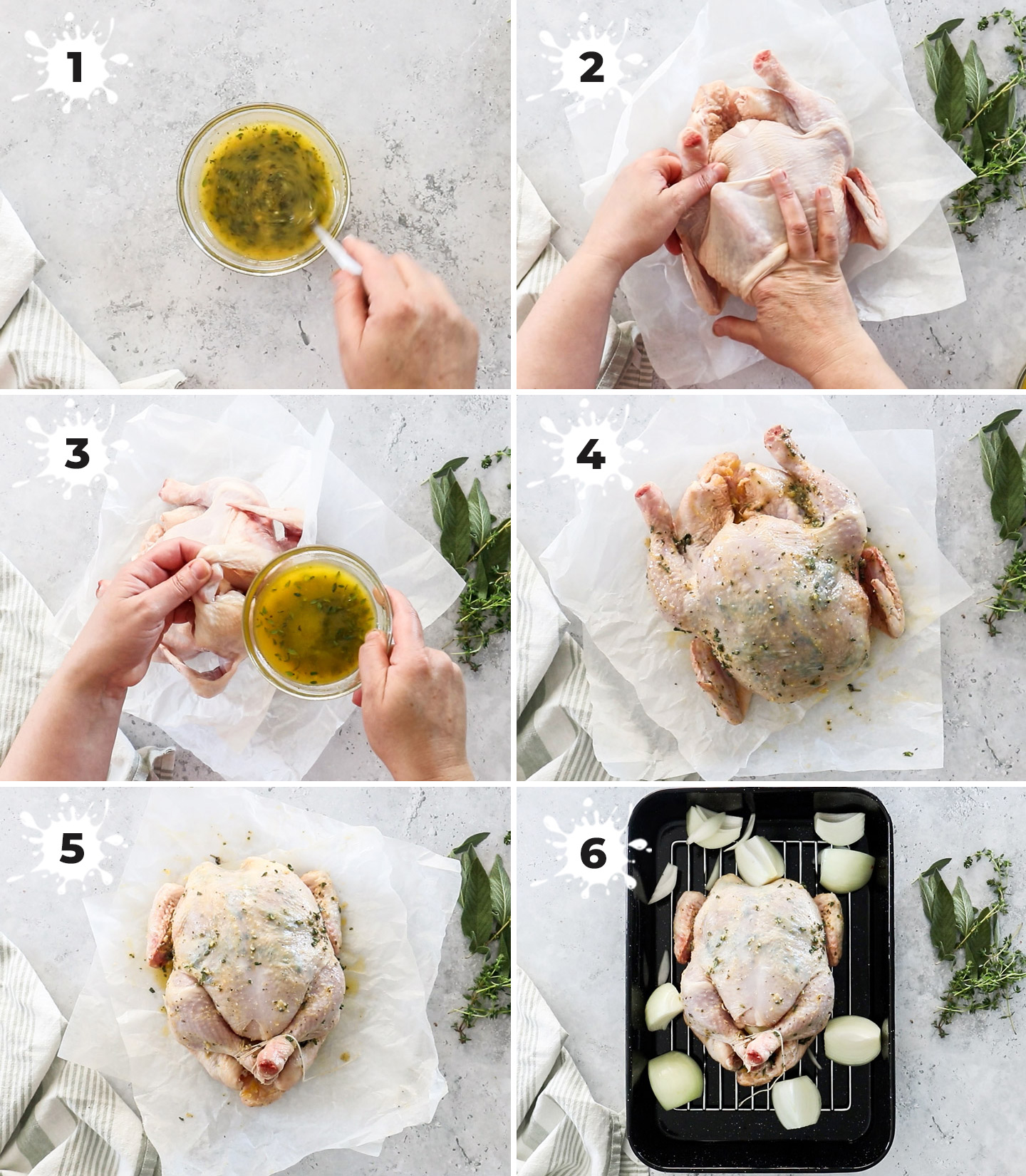 A collage showing how to make herb roasted chicken.