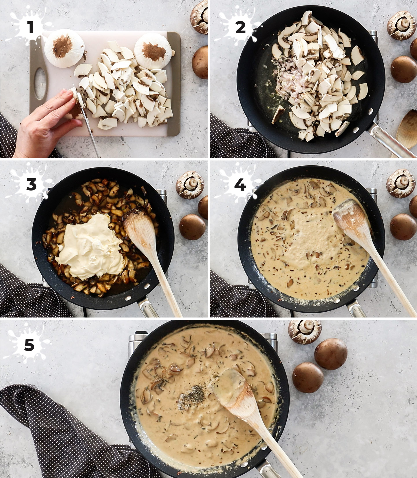 A collage showing how to make creamy mushroom sauce.