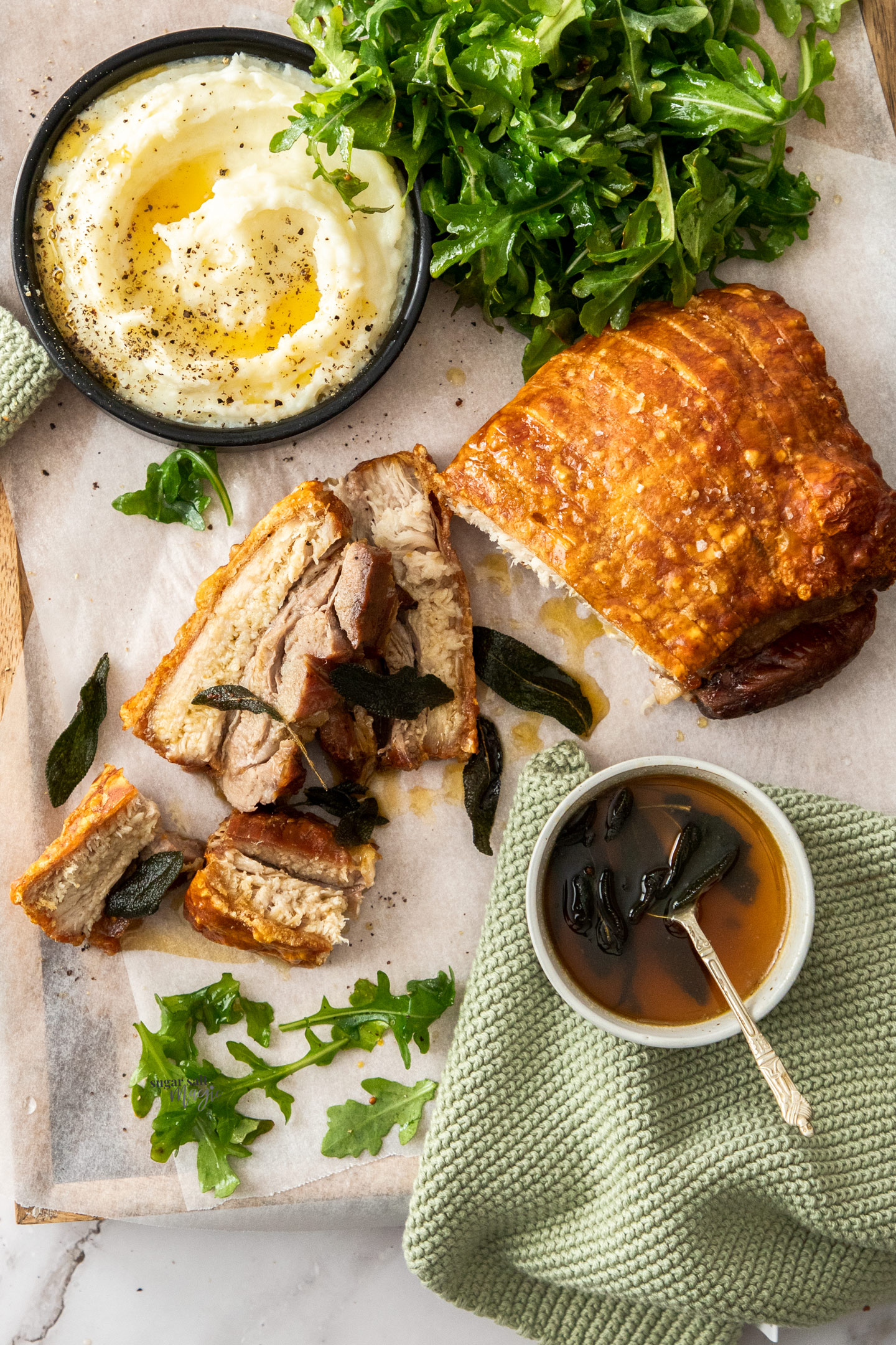 Top Down View Of A Pork Belly Roast On A Wooden Tray 