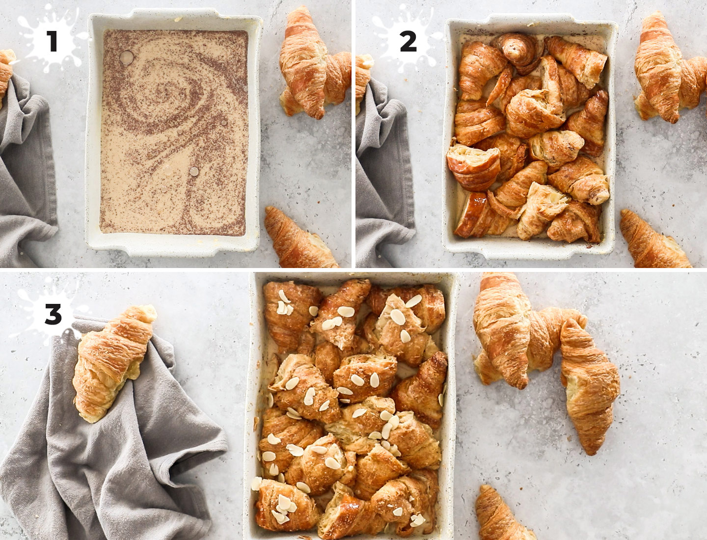 A collage showing how to make croissant french toast casserole.