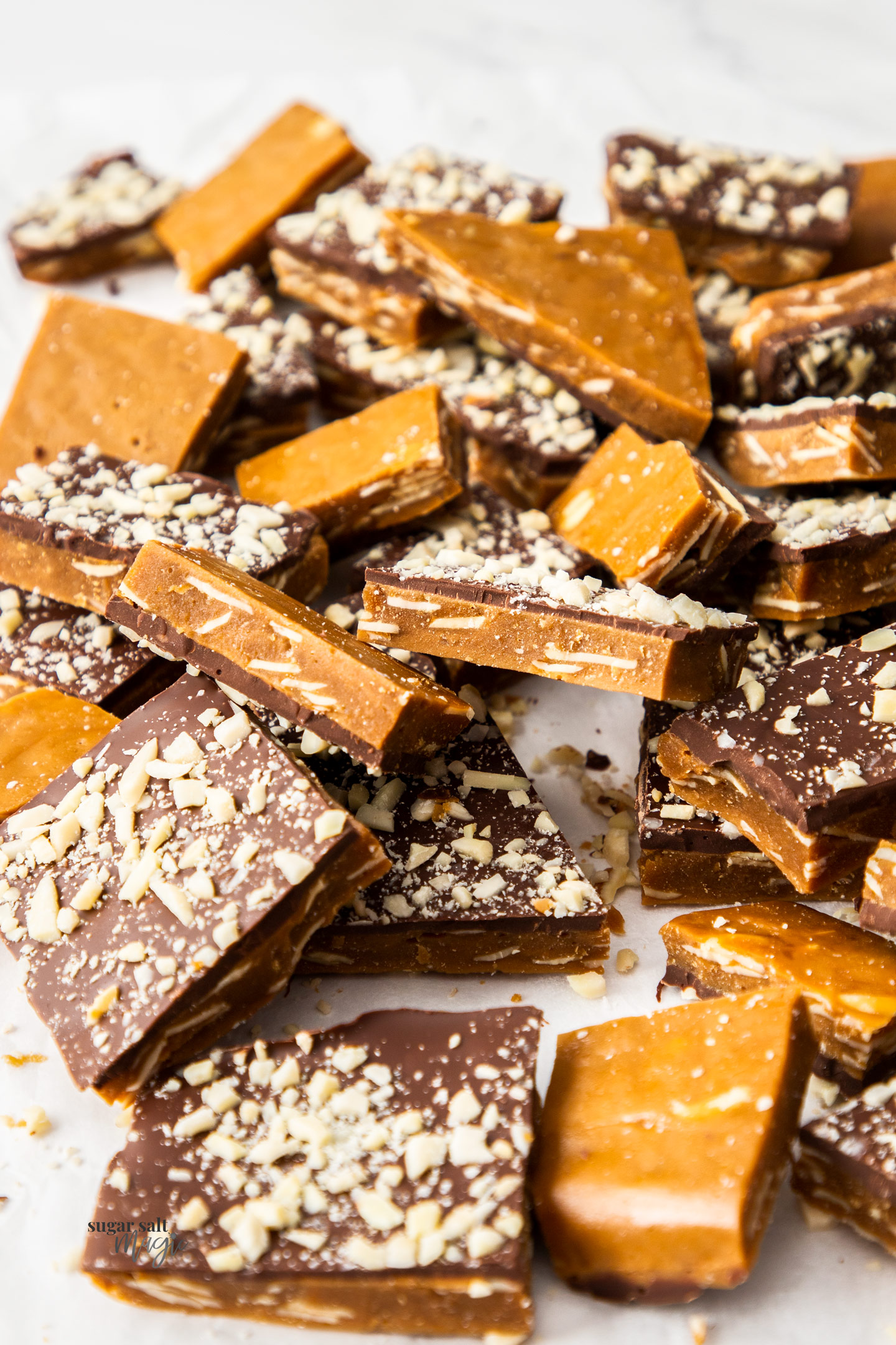 A pile of buttercrunch toffee pieces.