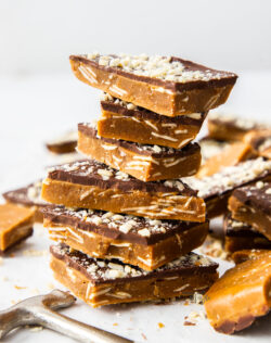 A stack of buttercrunch toffee pieces.