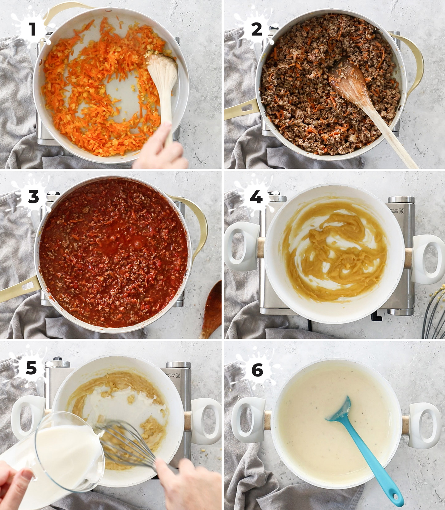 A collage showing how to make the meat sauce and bechamel.