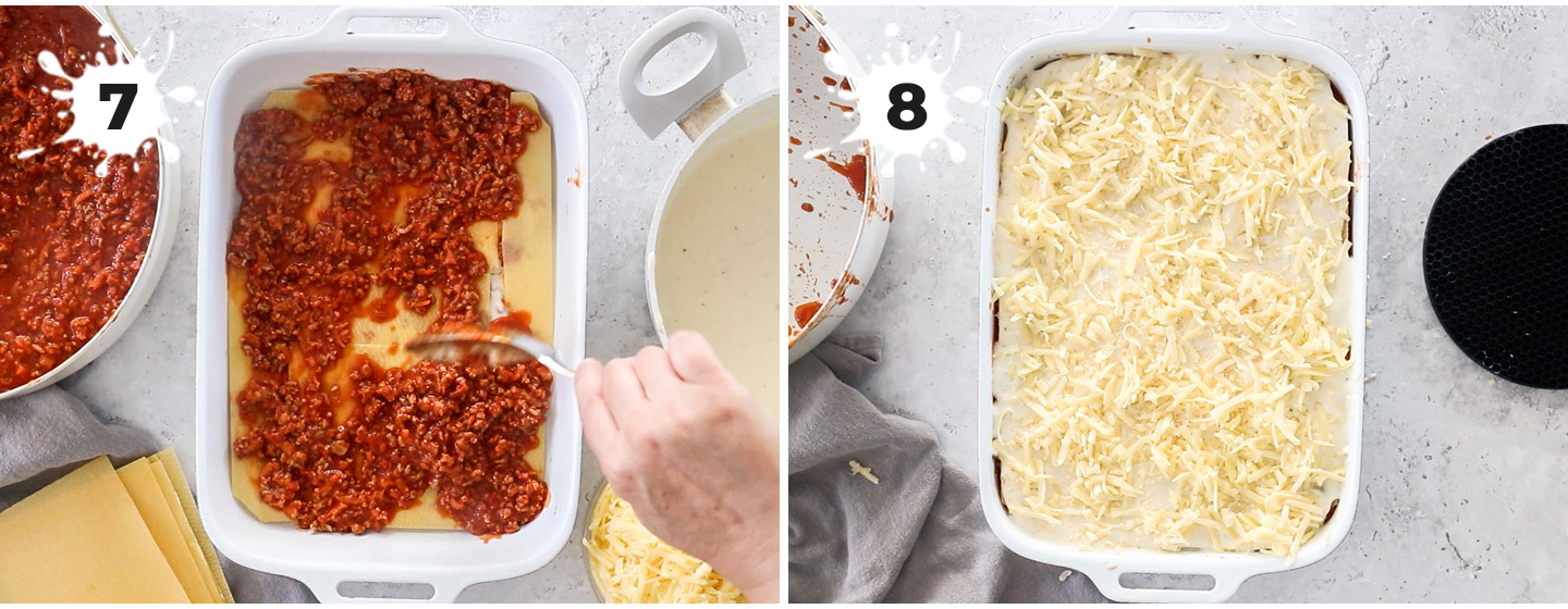 Two images showing how to layer up lasagna.