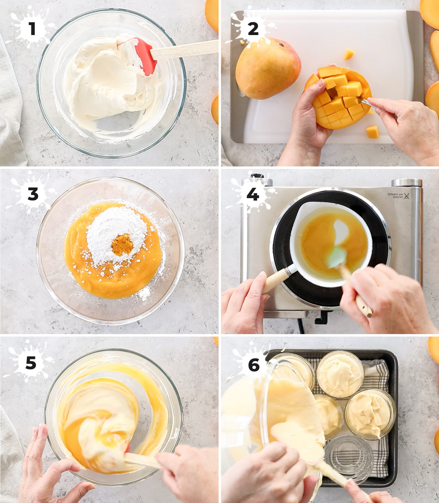 A collage showing how to make mango mousse.