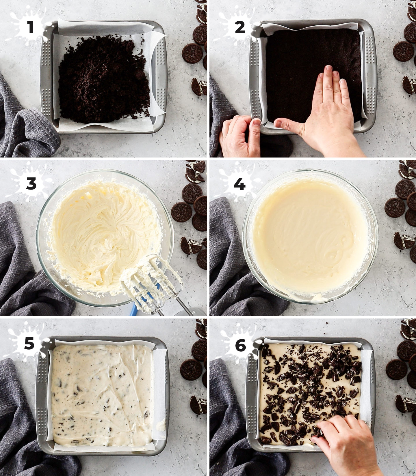 A collage showing how to make Oreo cheesecake bars.