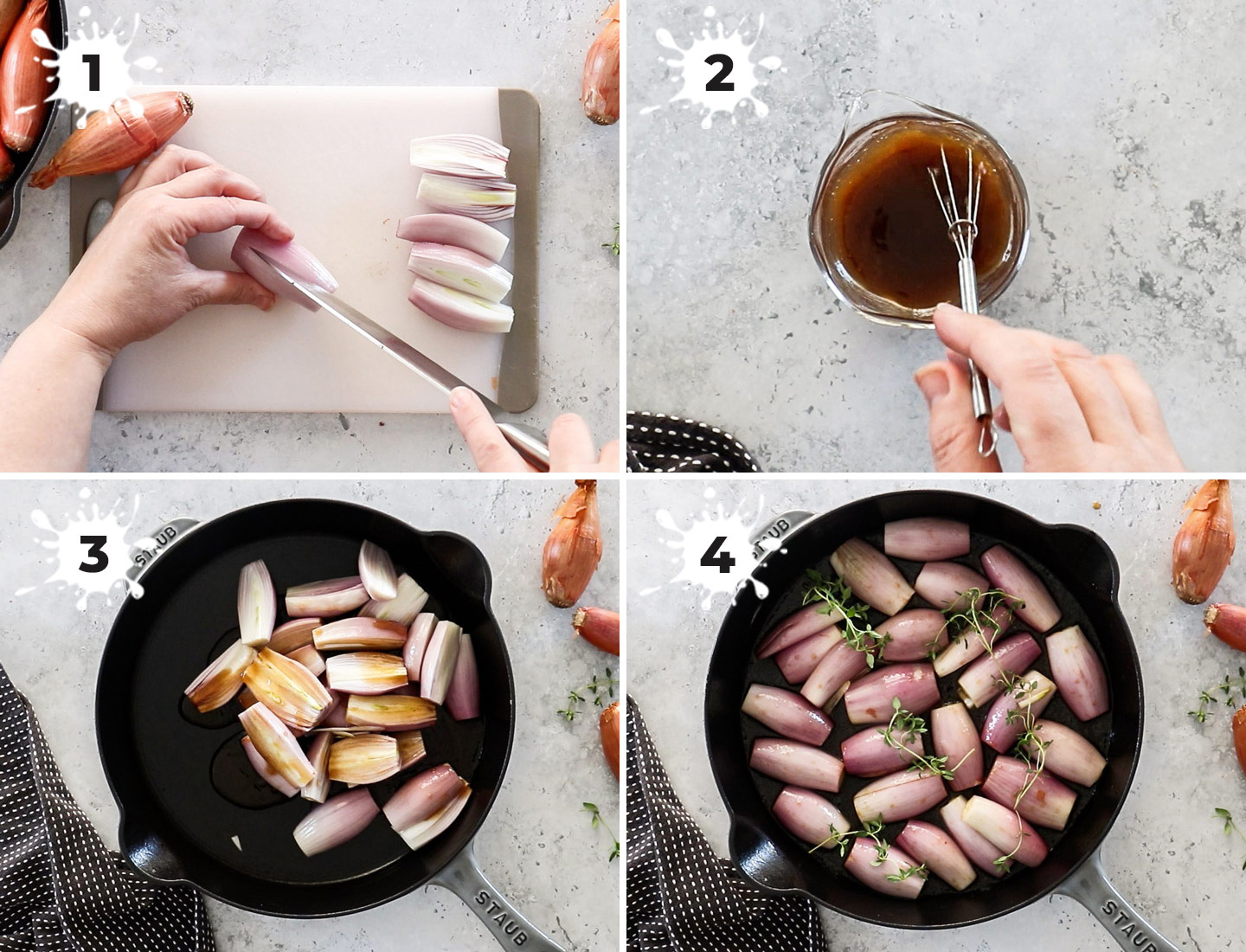 A collage showing how to make roasted shallots.