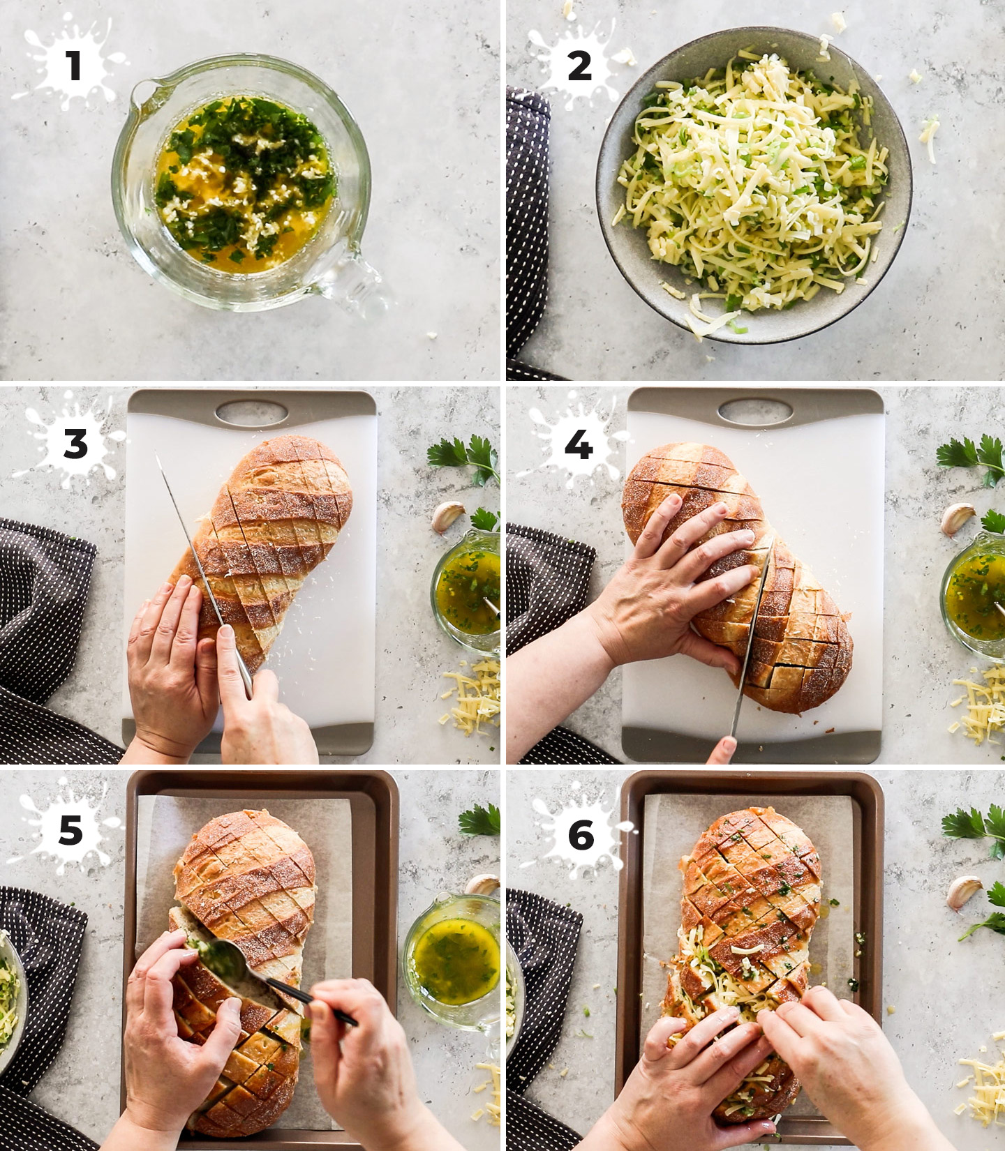 A collage showing the steps to make cheesy garlic pull apart bread.
