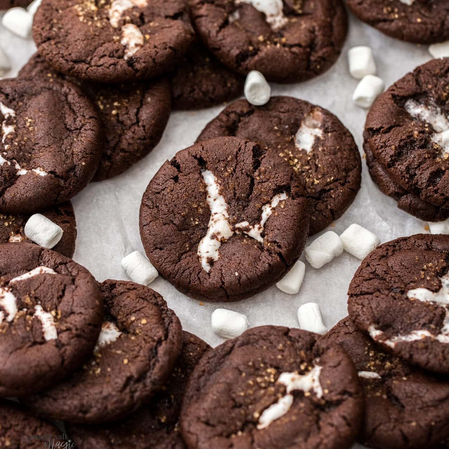 Close up of a batch of chocolate marshmallow cookies.
