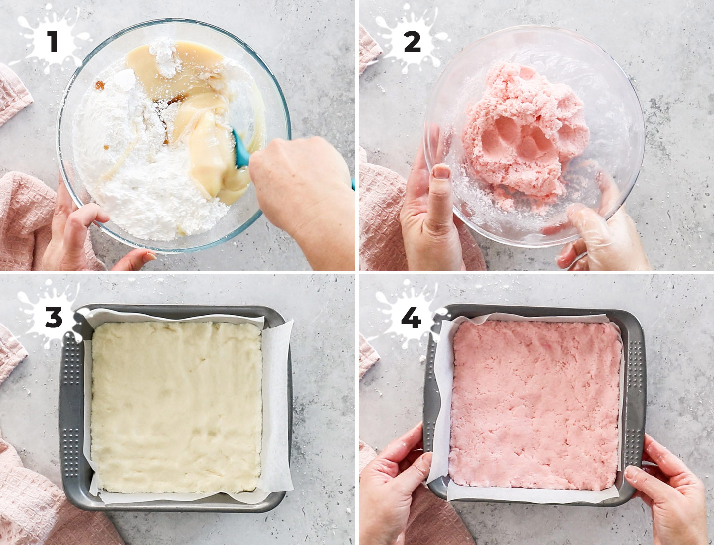 A collage showing how to make coconut ice.