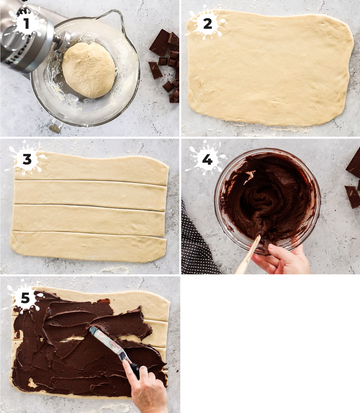 A collage showing how to make the dough for chocolate scroll.