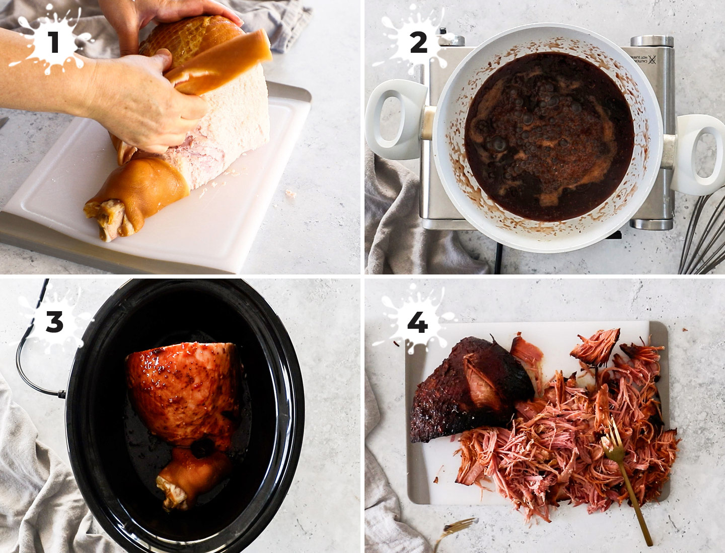A collage showing how to make pulled ham.