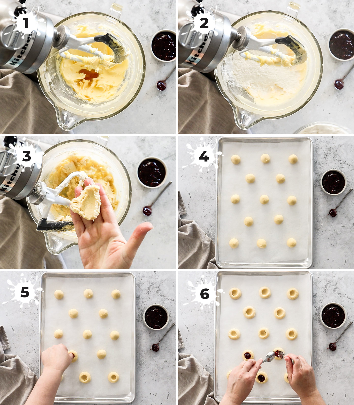 A collage showing how to make raspberry thumbprint cookies.