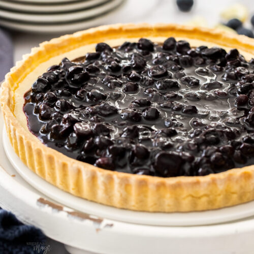Closeup of the blueberry compote on the tart.