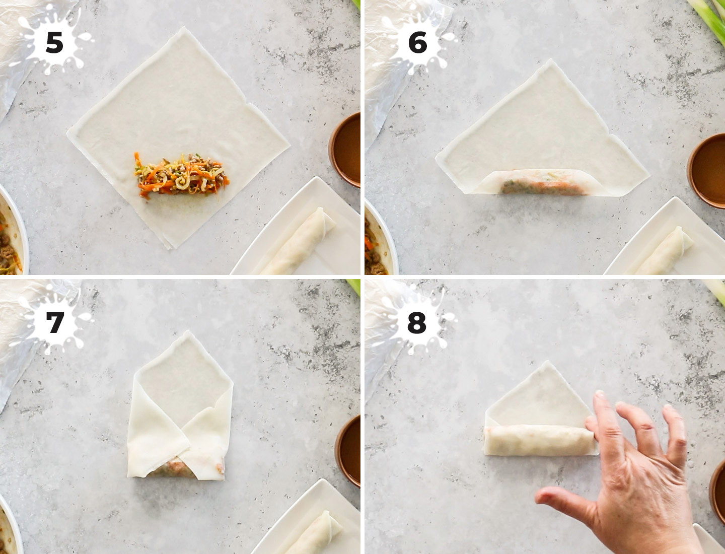 A collages showing how to roll spring rolls.