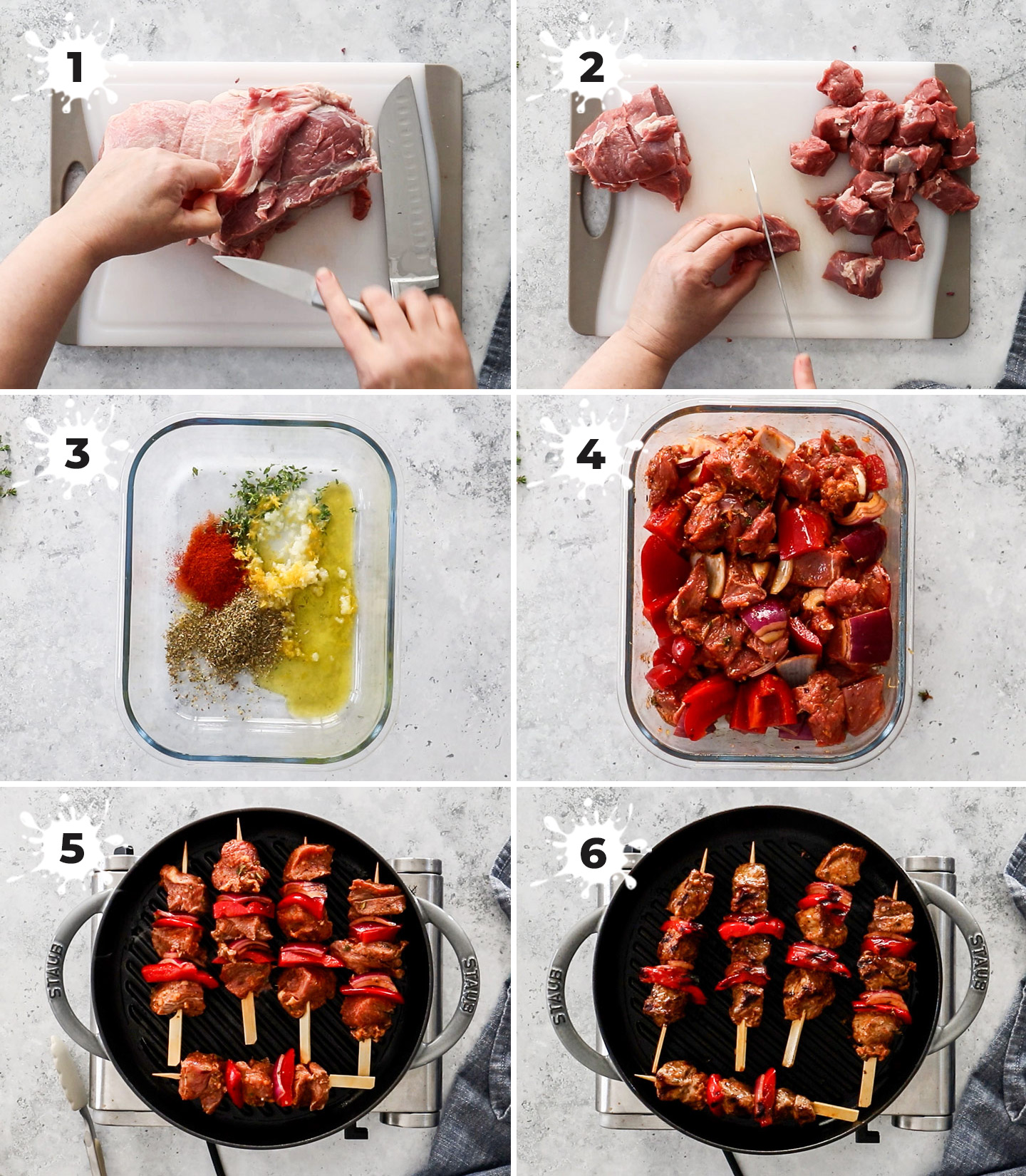 A collage showing how to make lamb souvlaki.