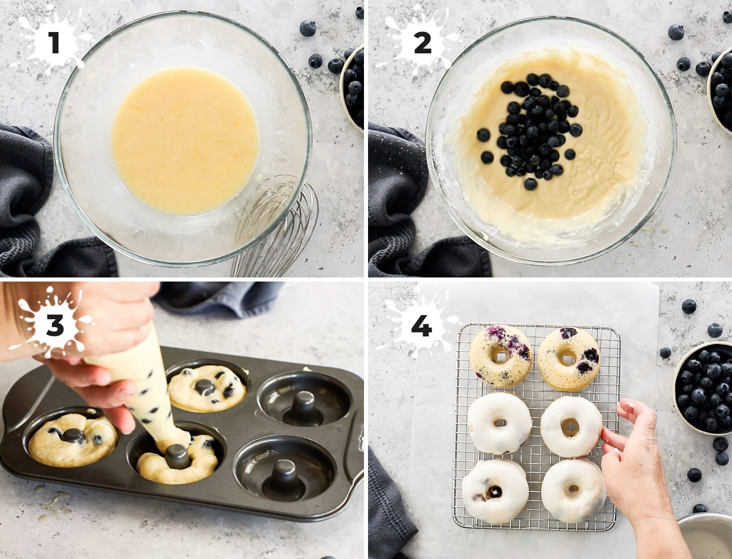 A collage showing how to make blueberry cake donuts.