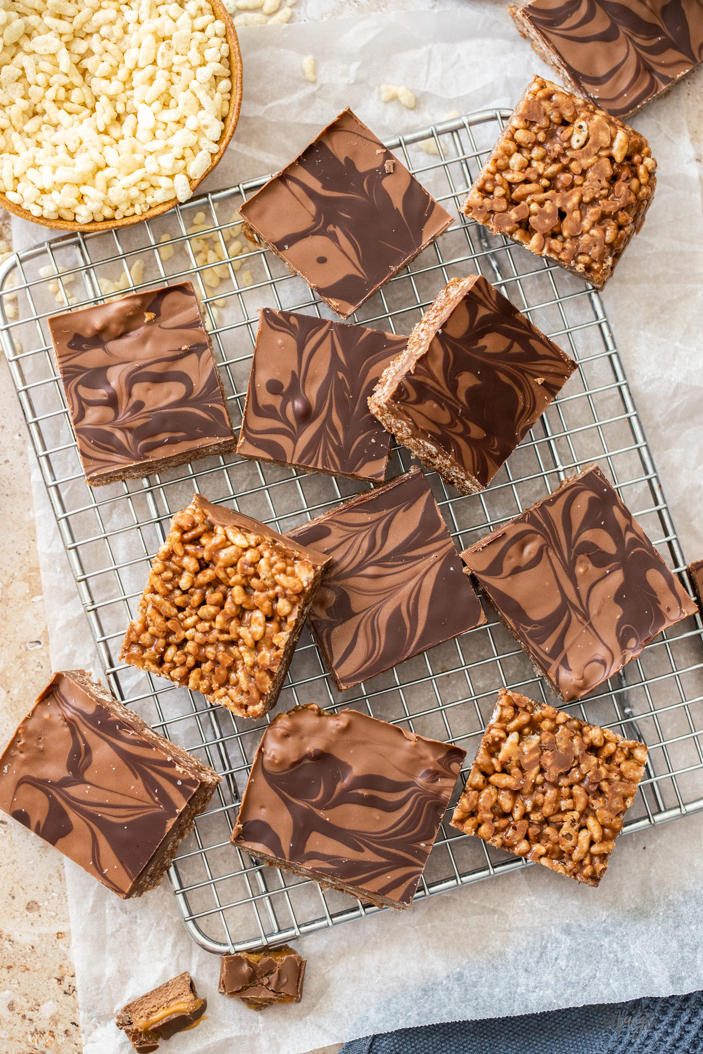 Top down view of a batch of mars bar squares.