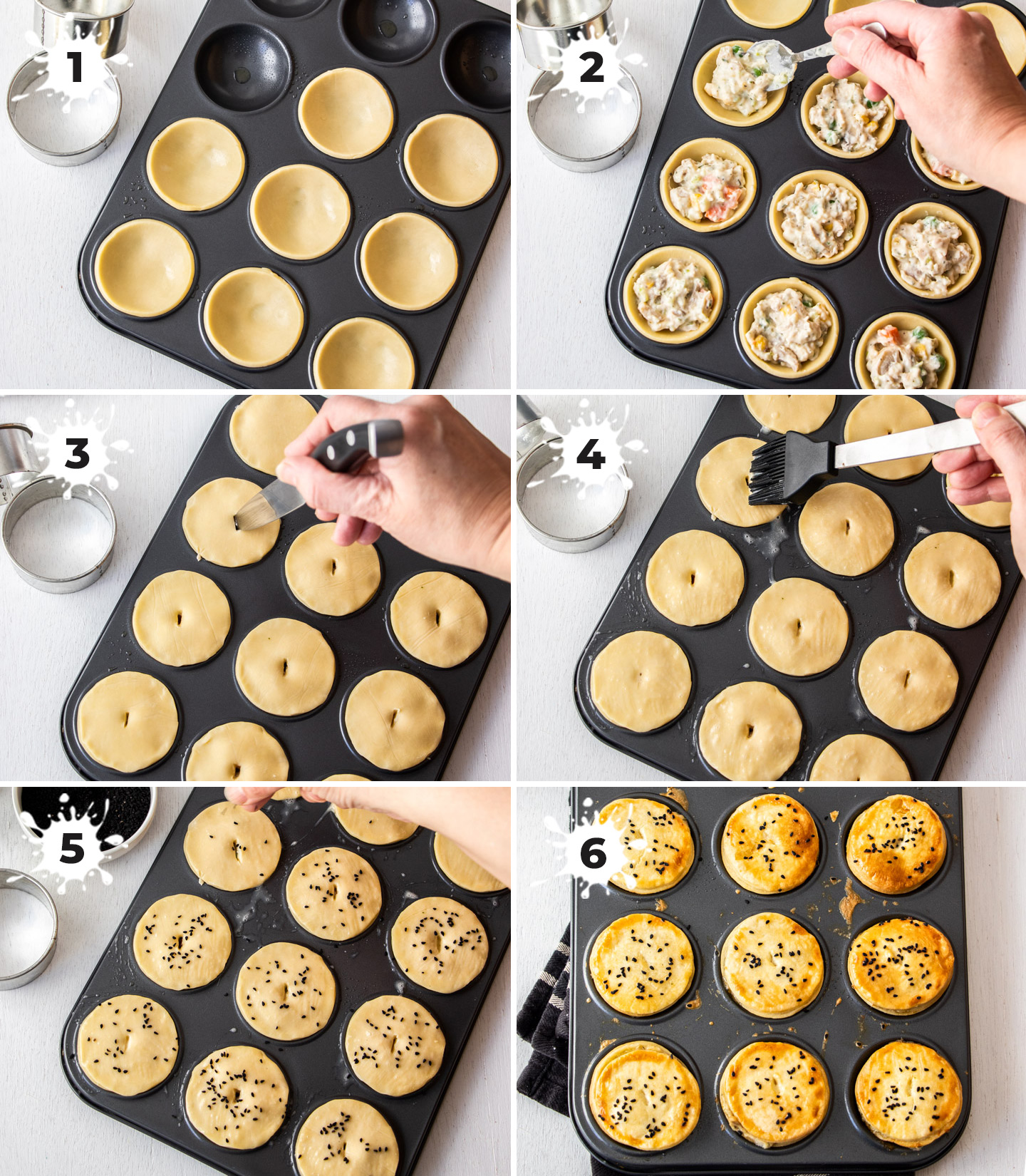 A collage showing how to make mini chicken pot pies.