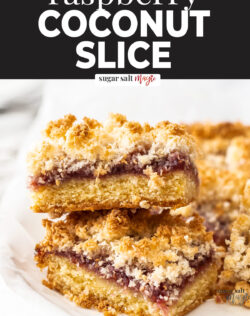 A stack of two pieces of raspberry coconut slice.
