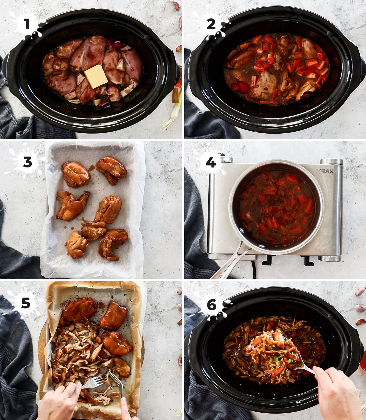 A collage showing the steps to making slow cooker honey soy chicken.