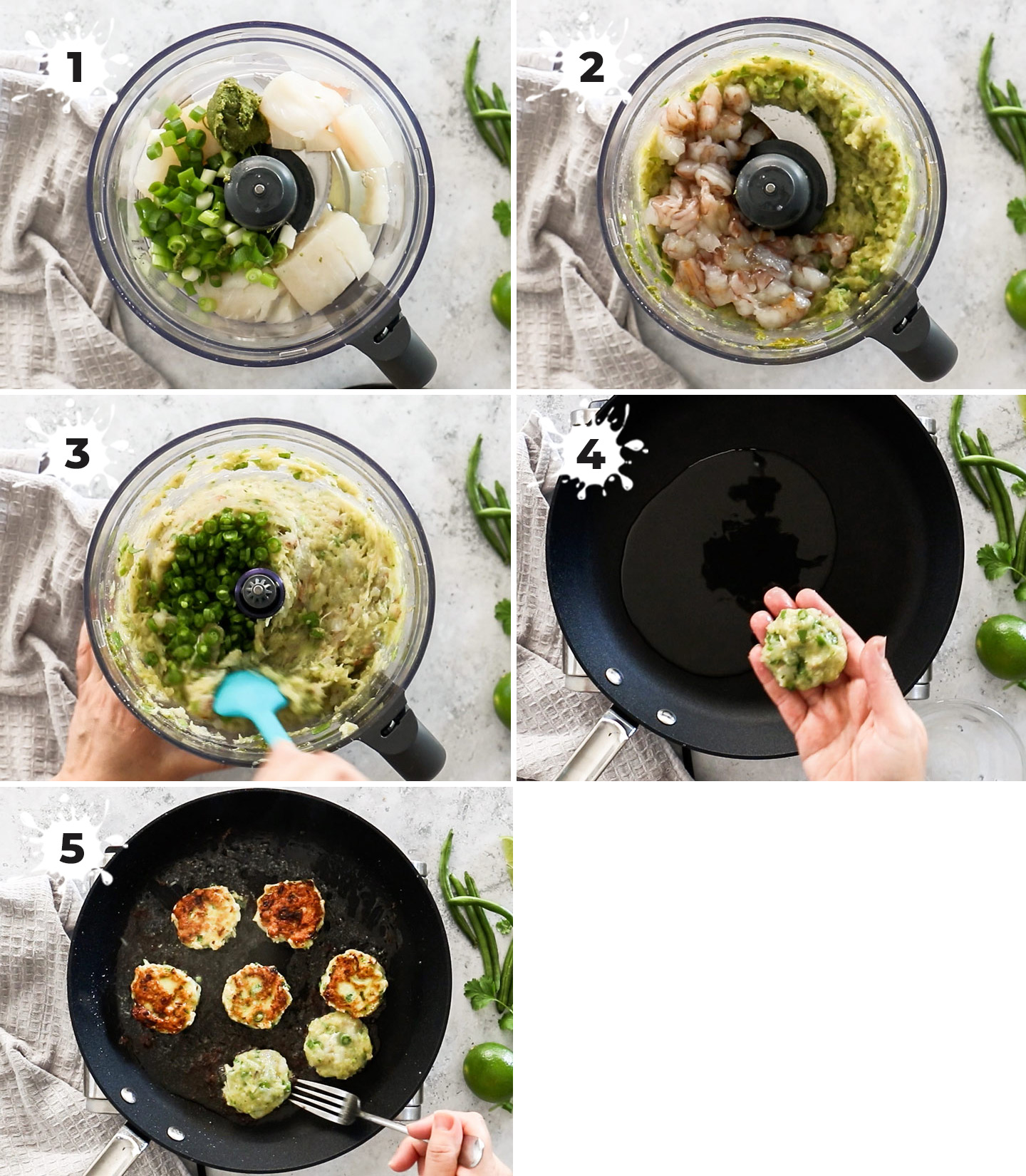 A collage showing how to make Thai fish cakes.