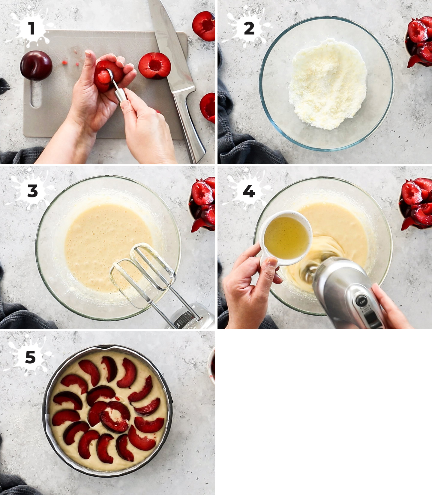 A collage showing how to make plum cake.