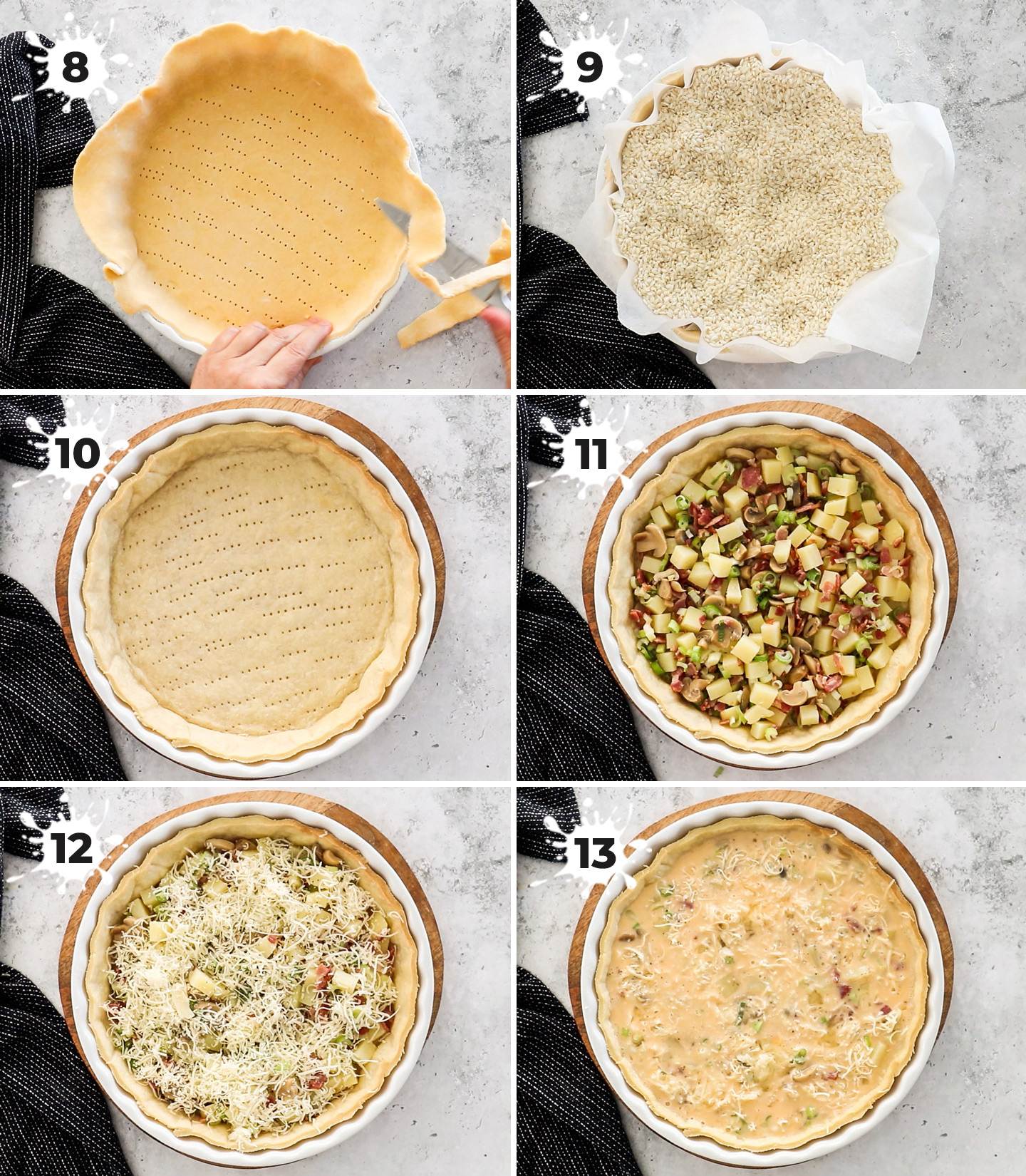 A collage showing how to assemble the quiche.