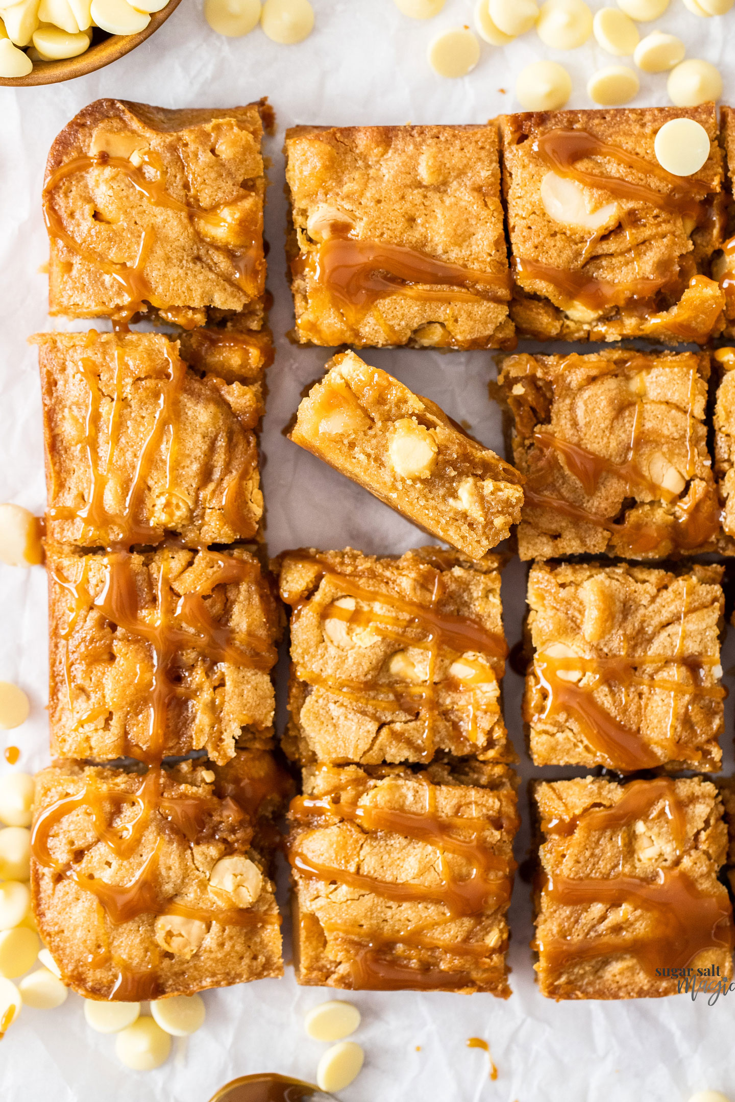 12 blondies with one standing up showing the inside texture.
