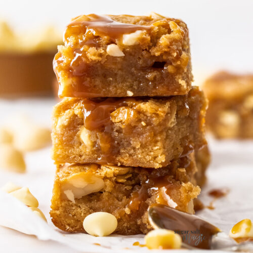 A stack of 3 caramel blondies.