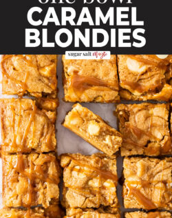 Top down view of a batch of caramel blondies.