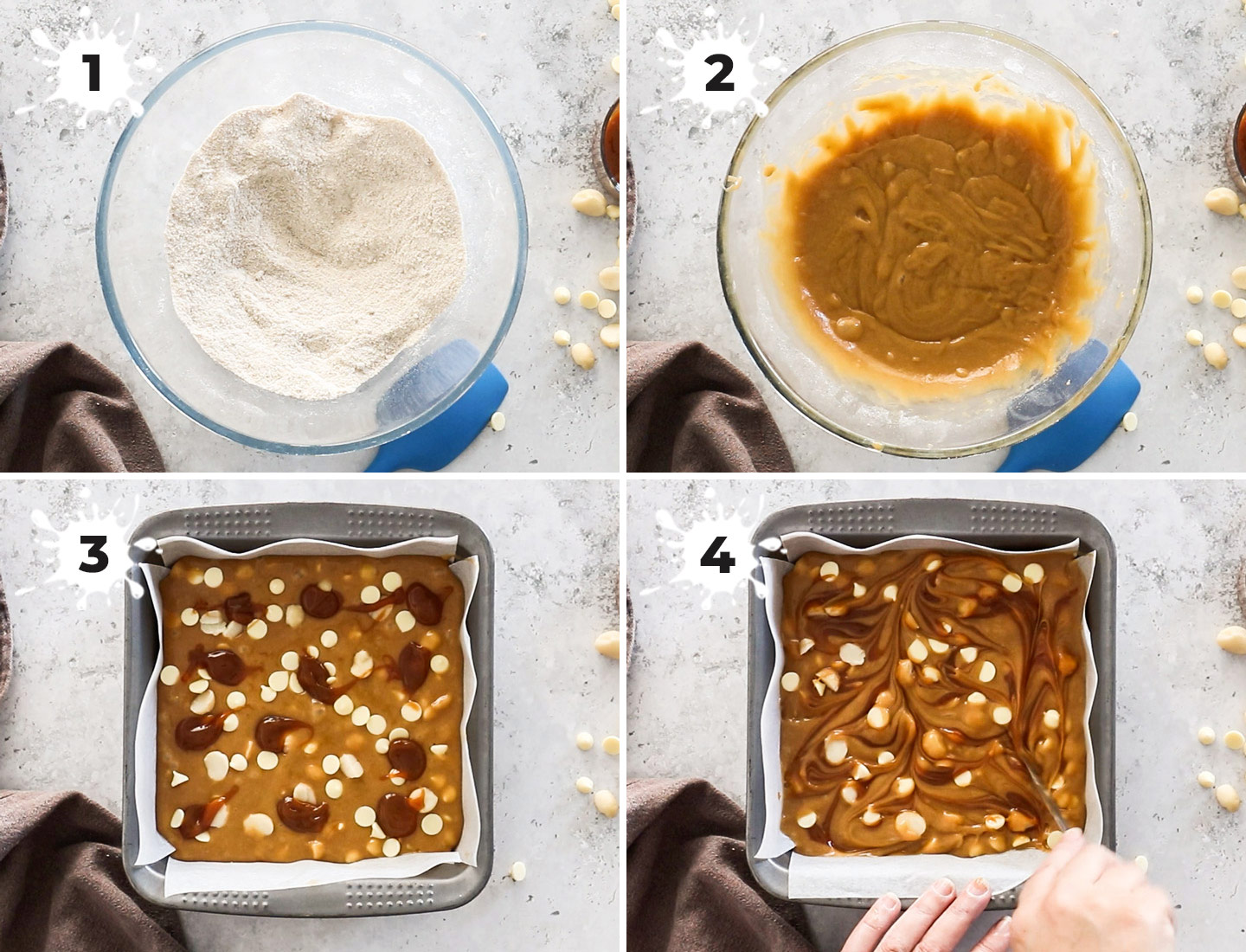 A collage showing how to make caramel blondies.