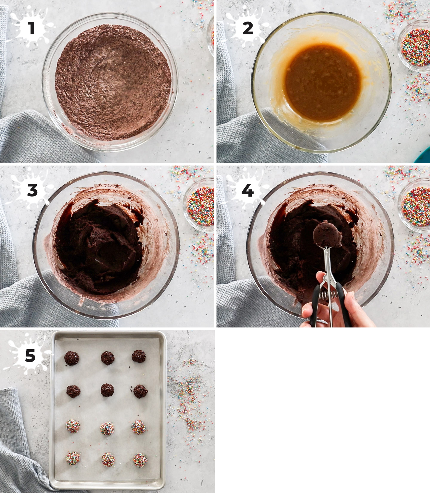 A collage showing how to make chocolate sprinkle cookies.