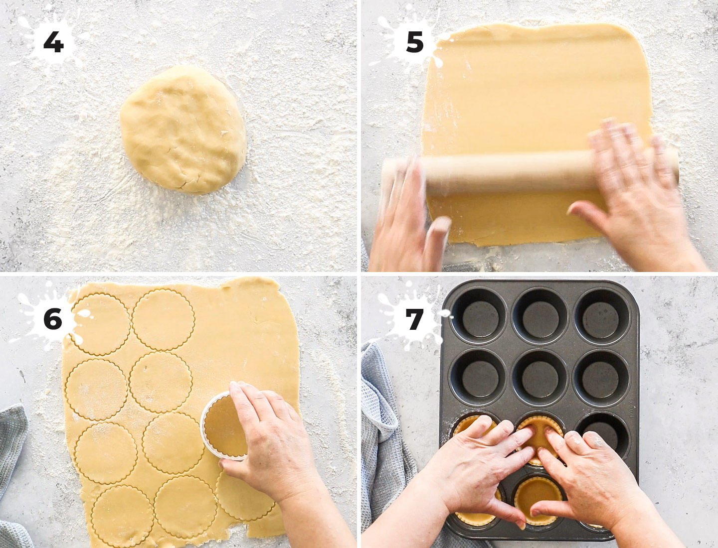 A collage showing how to shape the pastry into tartlet shells.