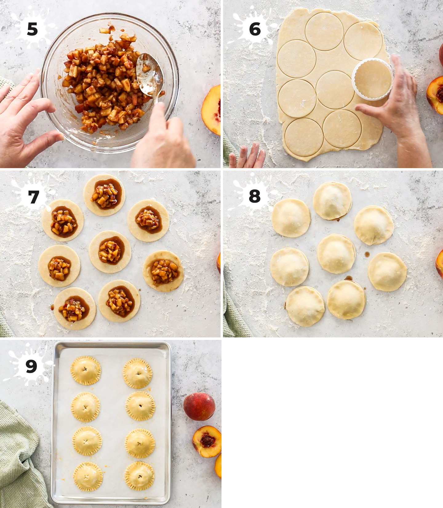 A collage showing how to assemble the peach hand pies.