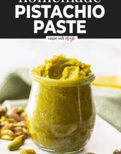 A jar filled with pistachio paste.