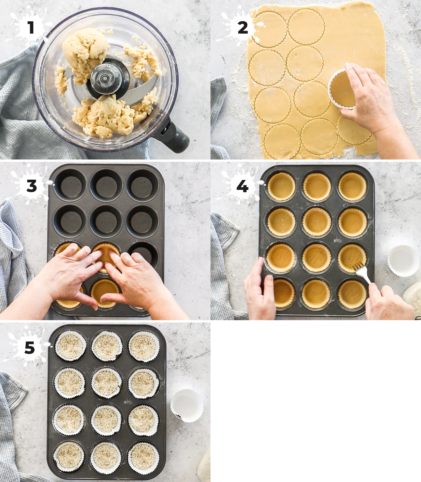 A collage showing how to make the tartlet shells.