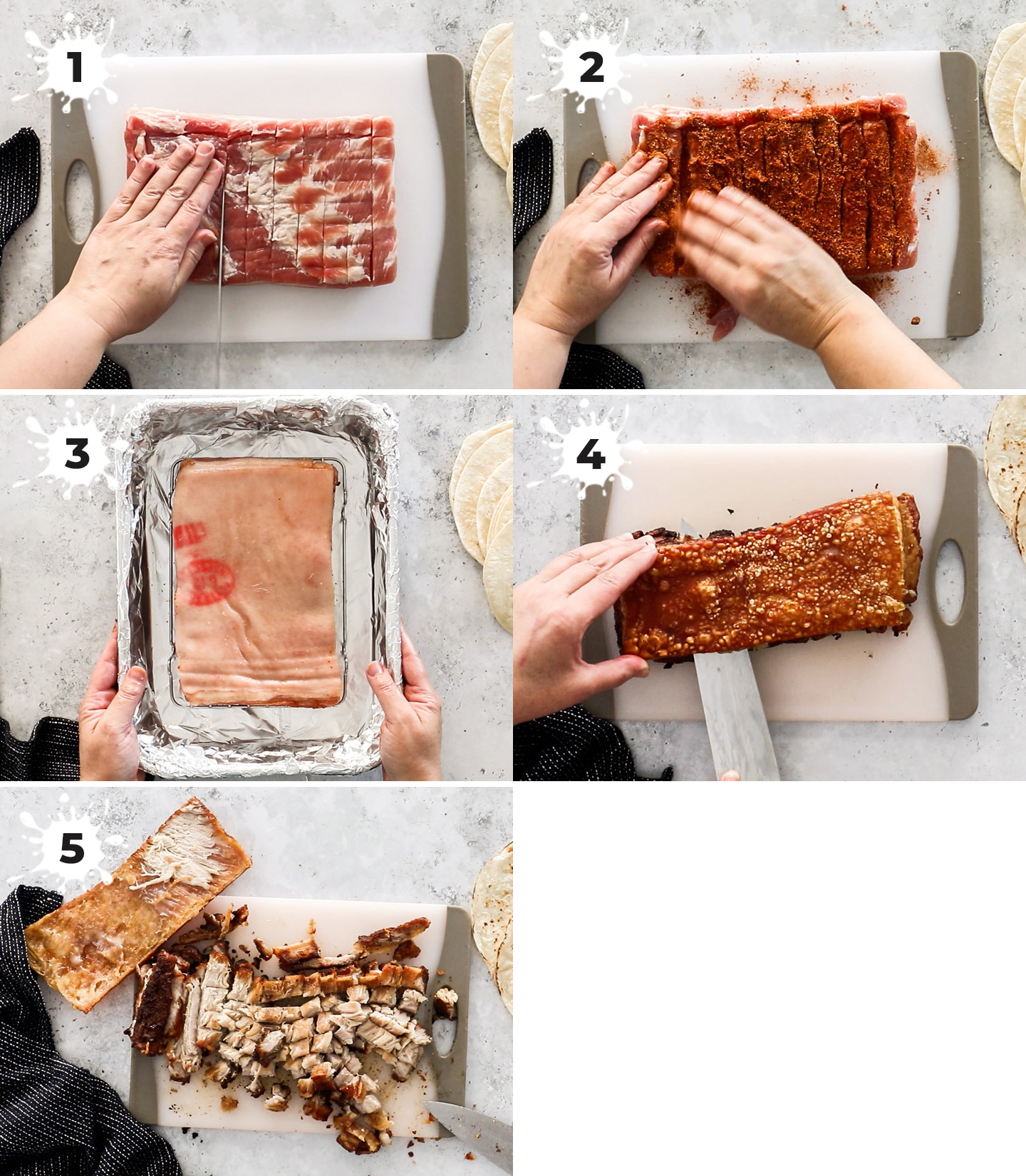 A collage showing how to prepare and cook the pork belly.