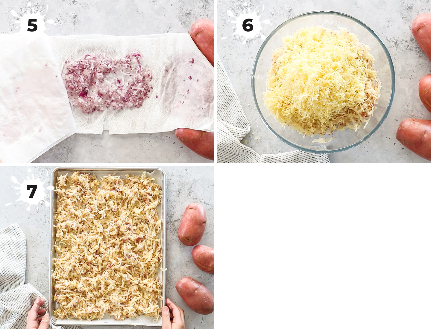 A collage showing how to assemble and bake the hash browns.