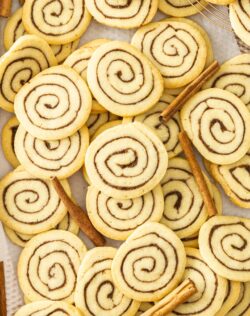 A pile of cinnamon swirl cookies.