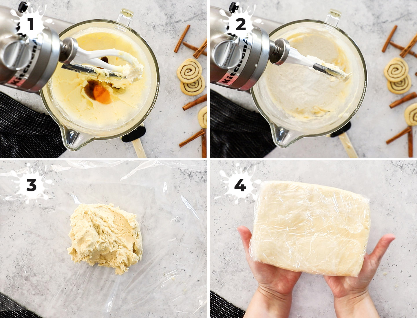 A collage showing how to make the cookie dough.