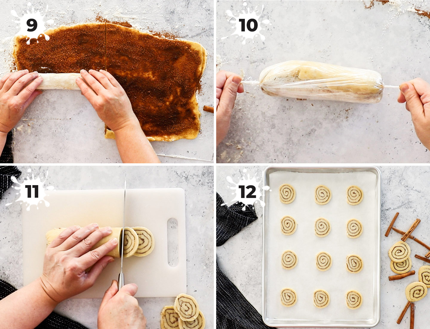 A collage showing how to roll the cookies and prepare them for baking.