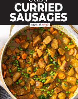 A pan filled with curried sausages.