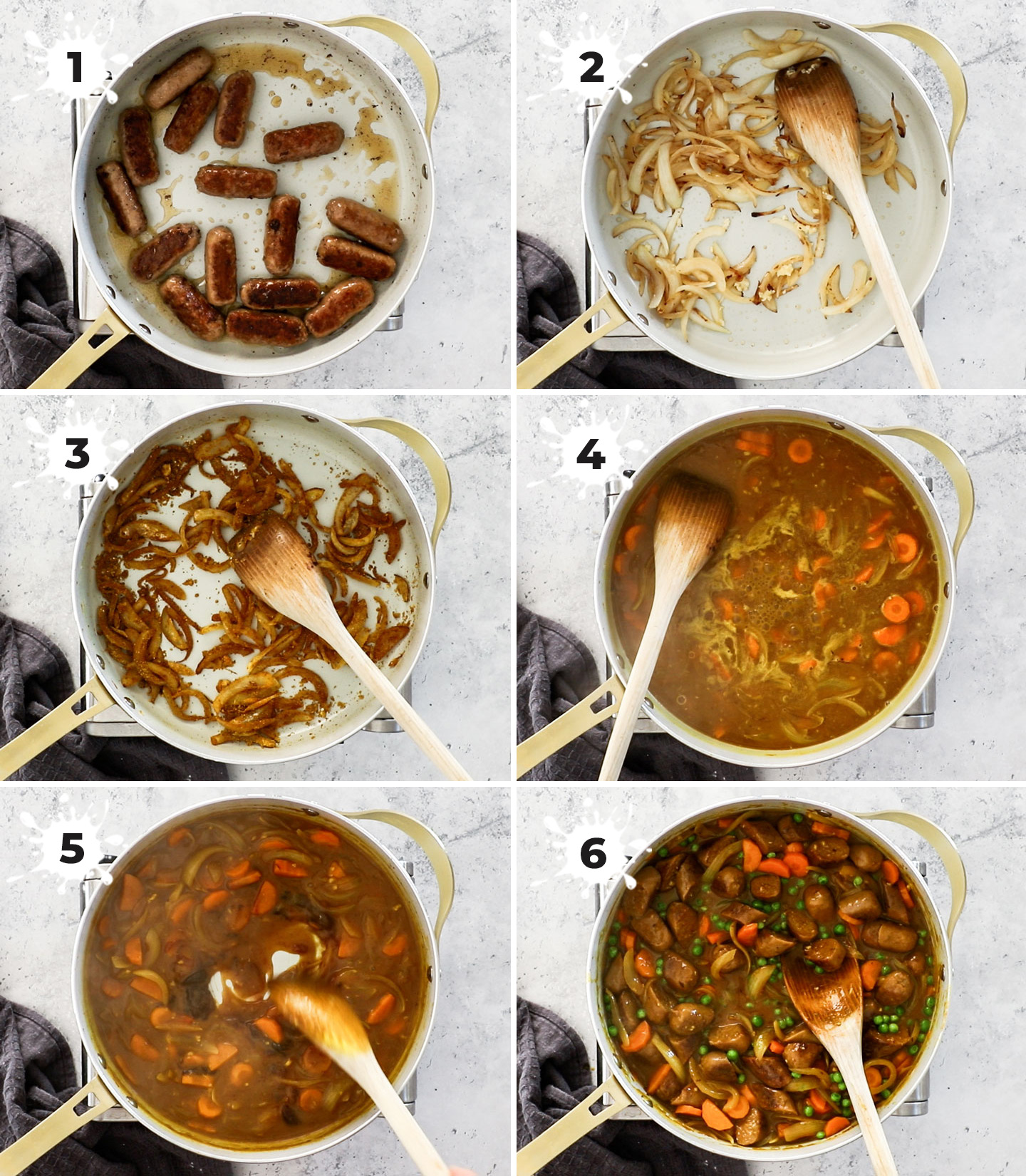 A collage showing the steps to make curried sausages.