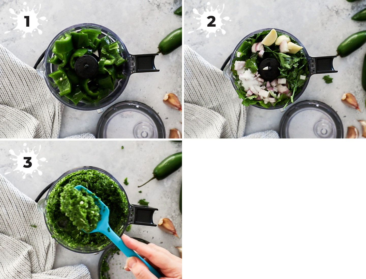 A collage showing how to make fresh jalapeno relish.